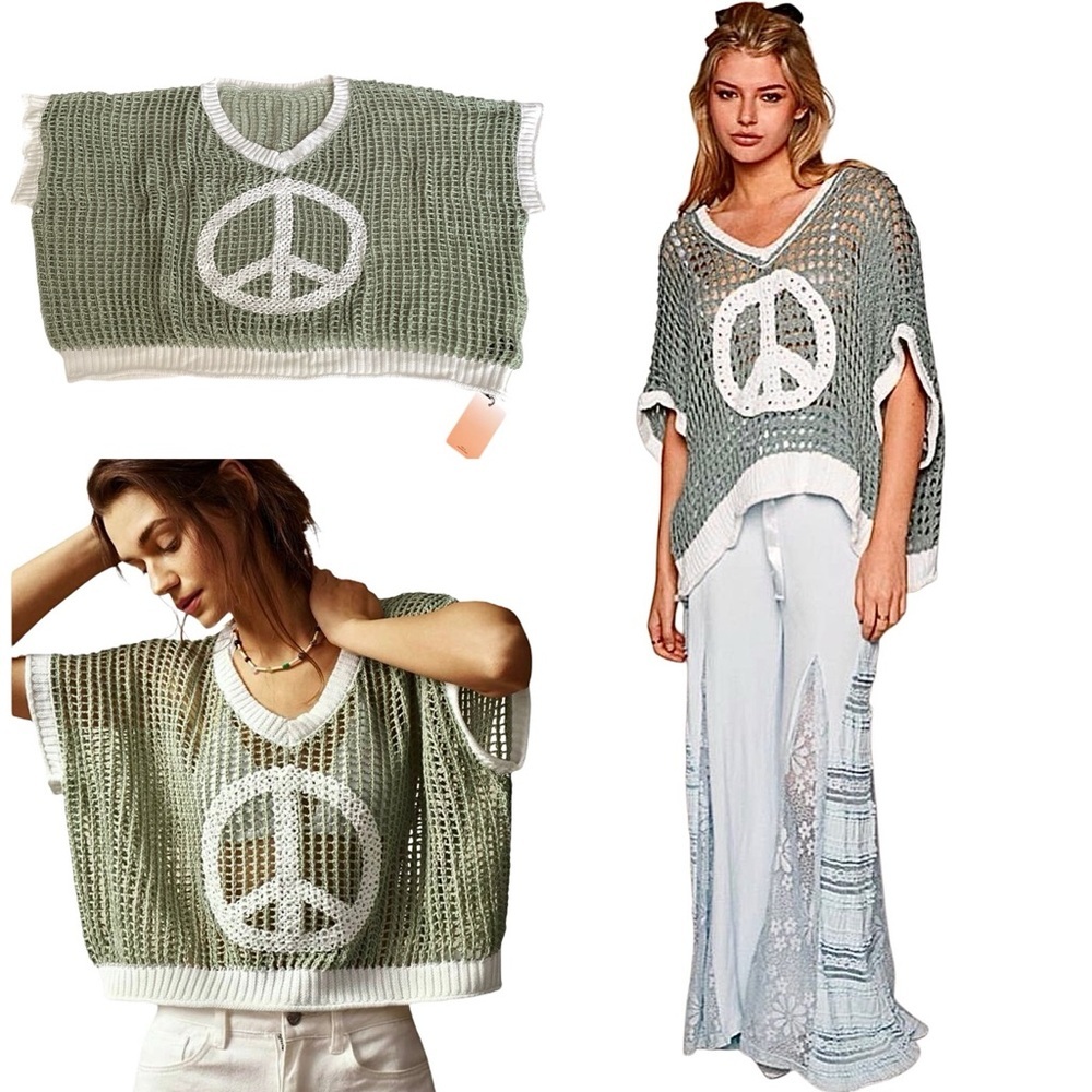 Open Crochet Oversized Peace Sign Shirt Women's Green Knit Top New w/ Tags Sz L - Picture 2 of 16